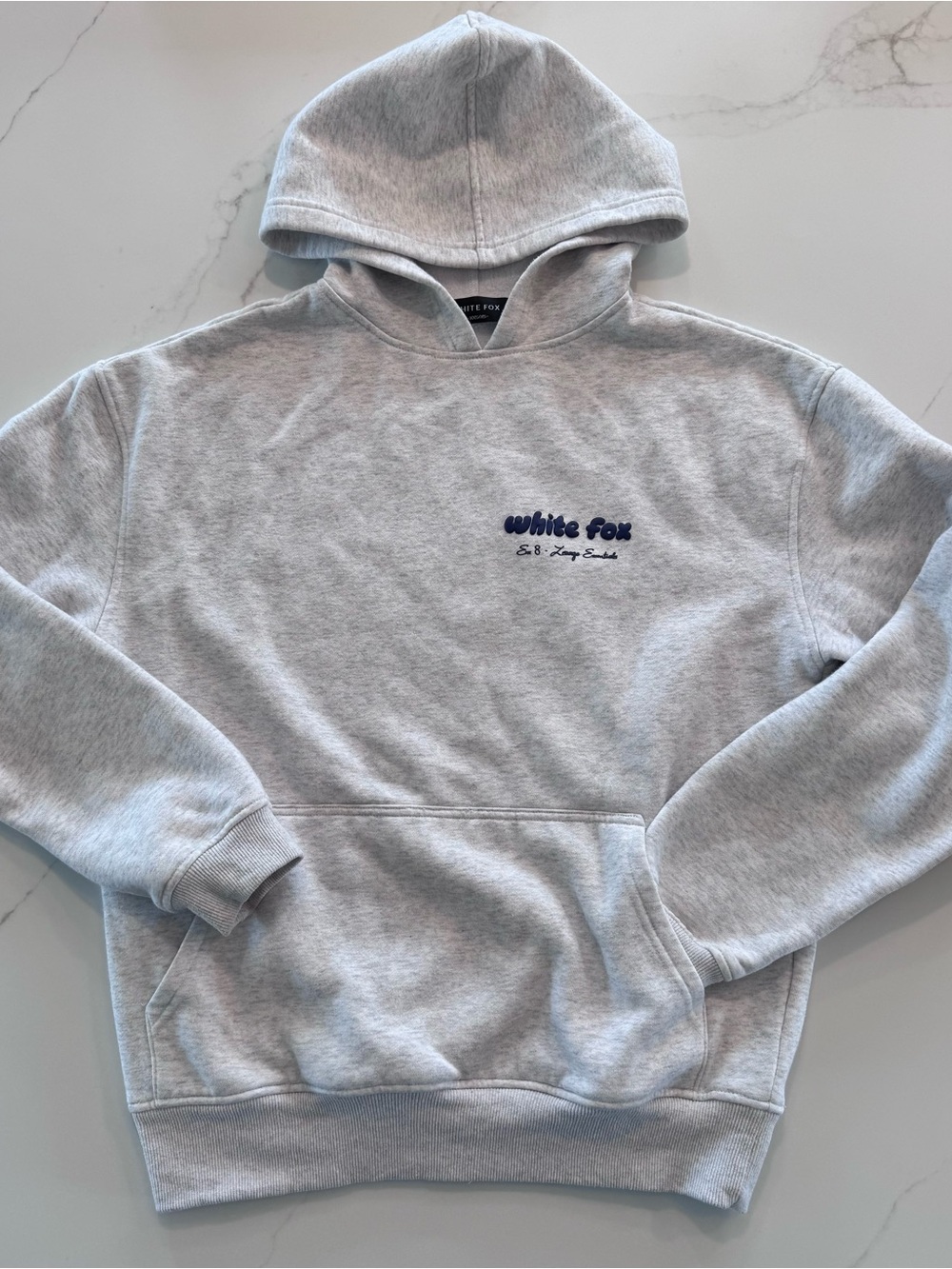 White Fox Boutique Light Gray Pullover Hoodie with Navy Logo